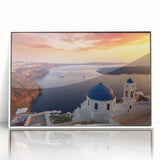 Mid-century modernist art depicting Santorini with bright blue and white tones, framed acrylic.