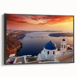 Black and white wall art of Santorini landscape on framed canvas, ideal for bedroom decor.