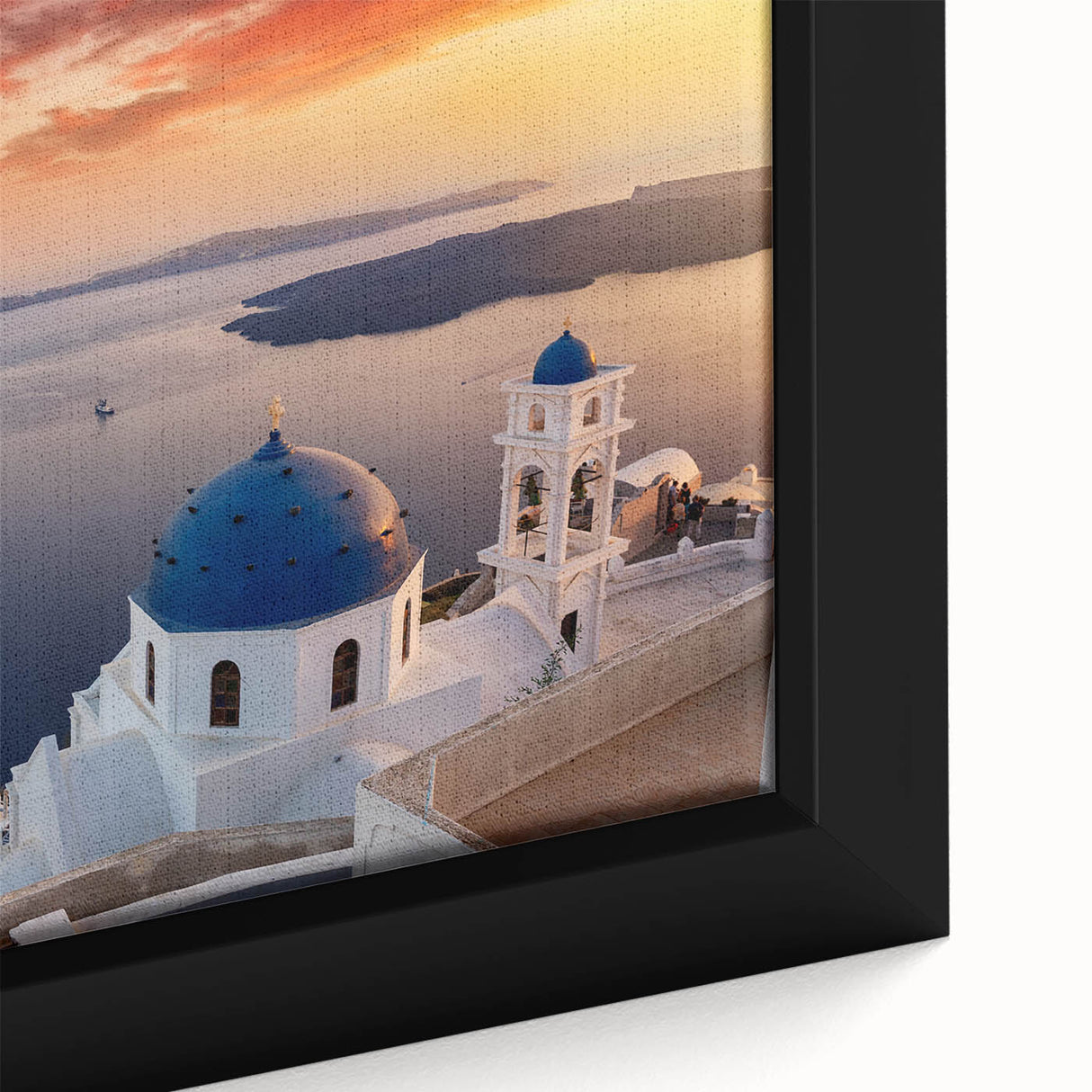 Extra large framed canvas depicting a textured scene of Santorini, Greece in black with colorful accents.