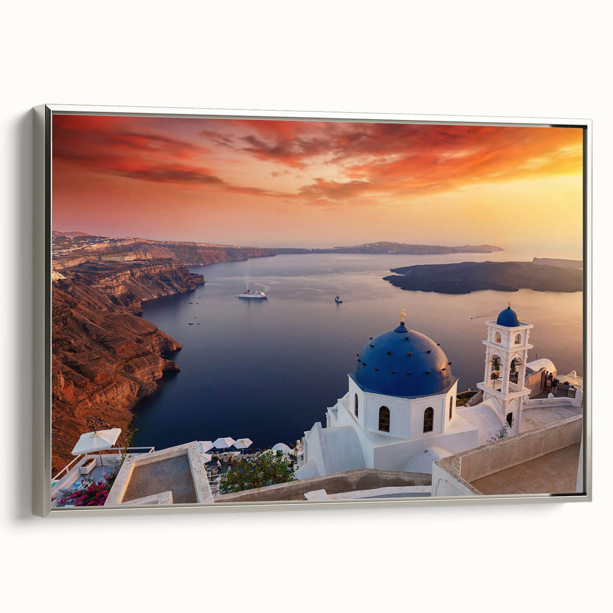 Framed canvas landscape art painting of Santorini with vibrant blue and white tones, ideal for living room decor.
