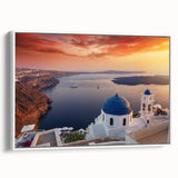 Vintage poster art of Santorini with vibrant blue and white tones on framed canvas, suited for living room decor.