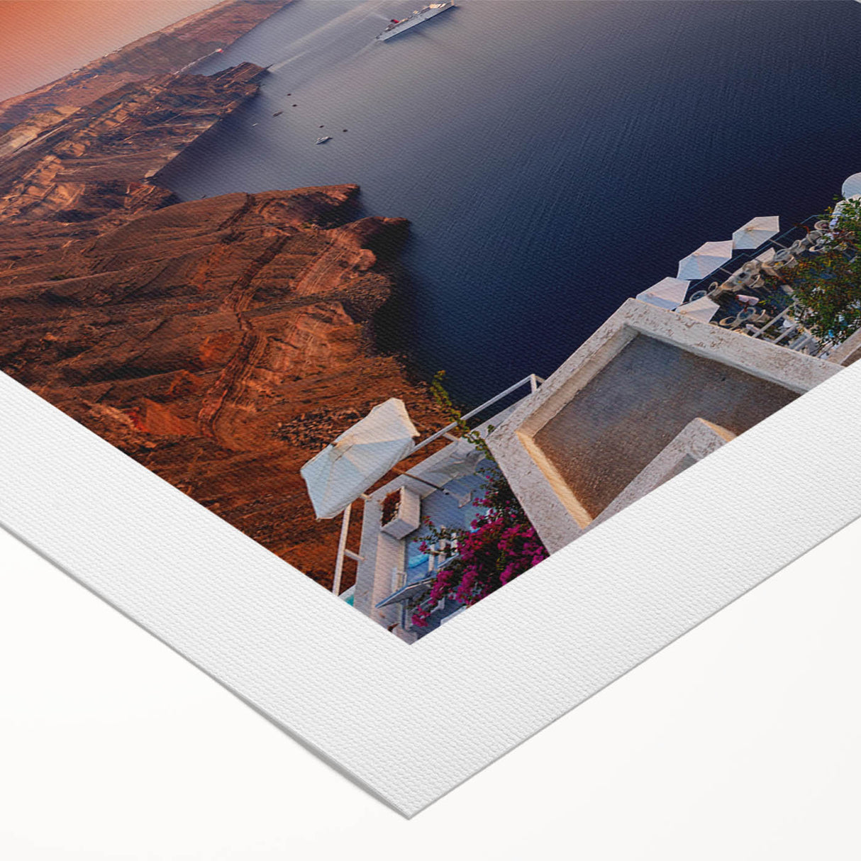 Art deco poster of Santorini landscape with blue and white tones on rolled canvas, suitable for dining room wall art.