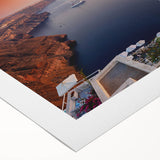 Art deco poster of Santorini landscape with blue and white tones on rolled canvas, suitable for dining room wall art.