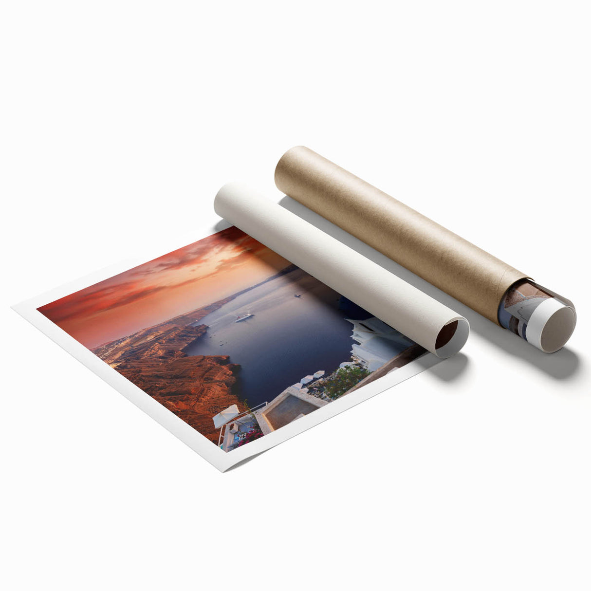 Extra large rolled print of Santorini scenery with blue and white tones, ideal for classy bathroom wall art.