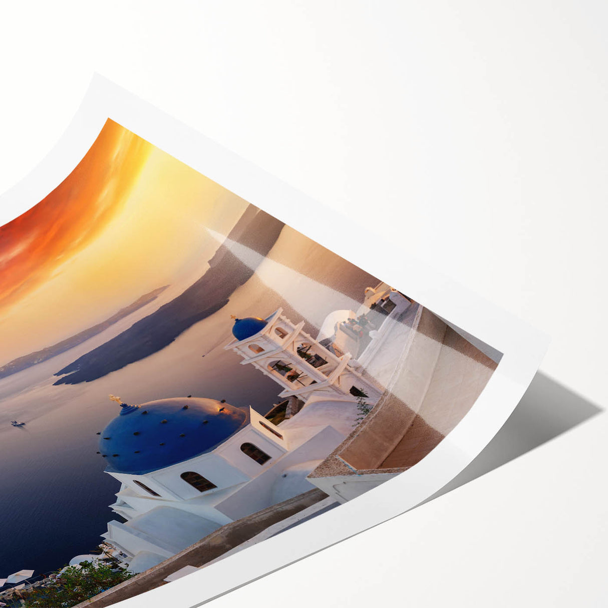 Extra large rolled print of Santorini landscape with blue and white tones, ideal for large living room wall art.