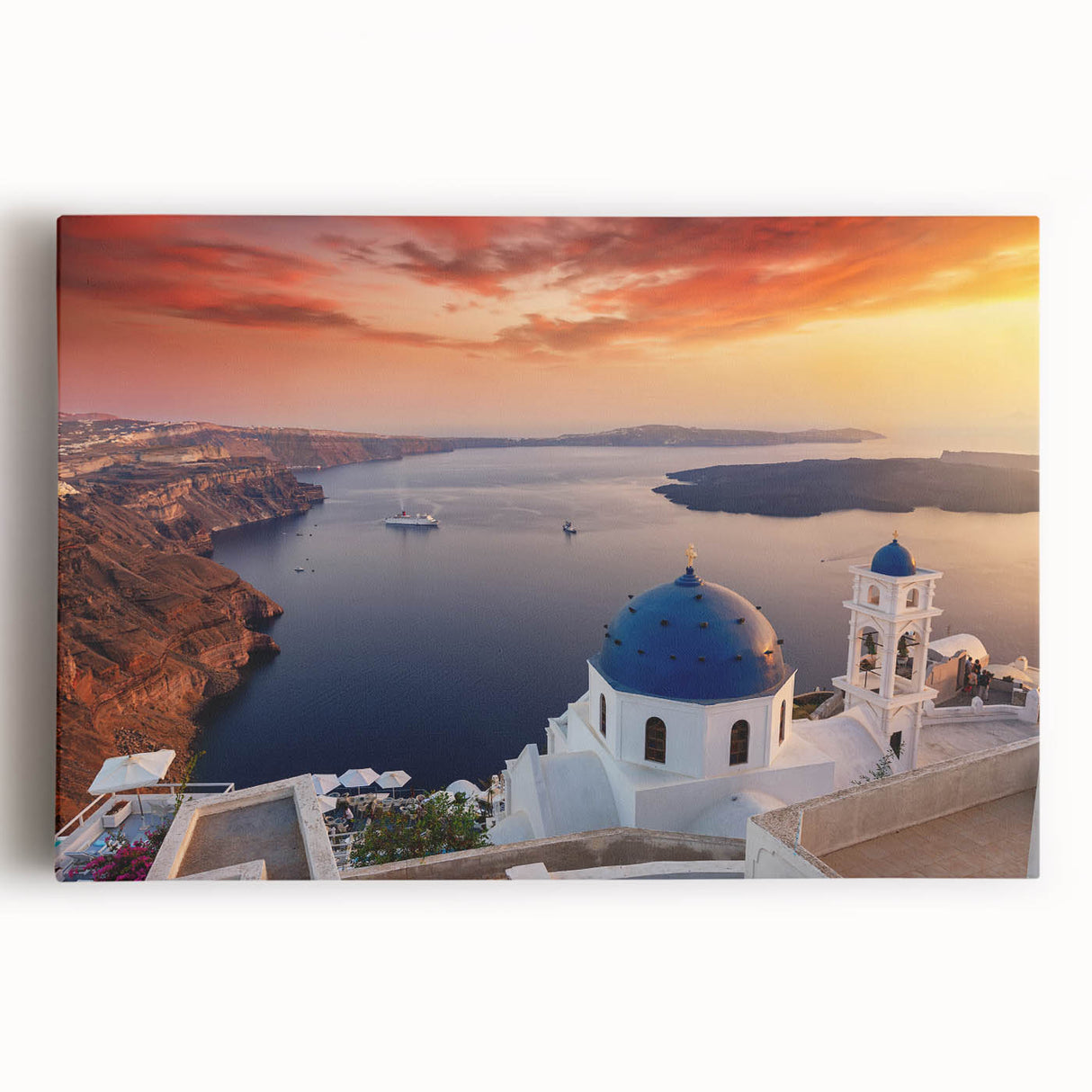 Black and white image of Santorini on stretched canvas, ideal for kitchen wall art or bedroom ambiance.