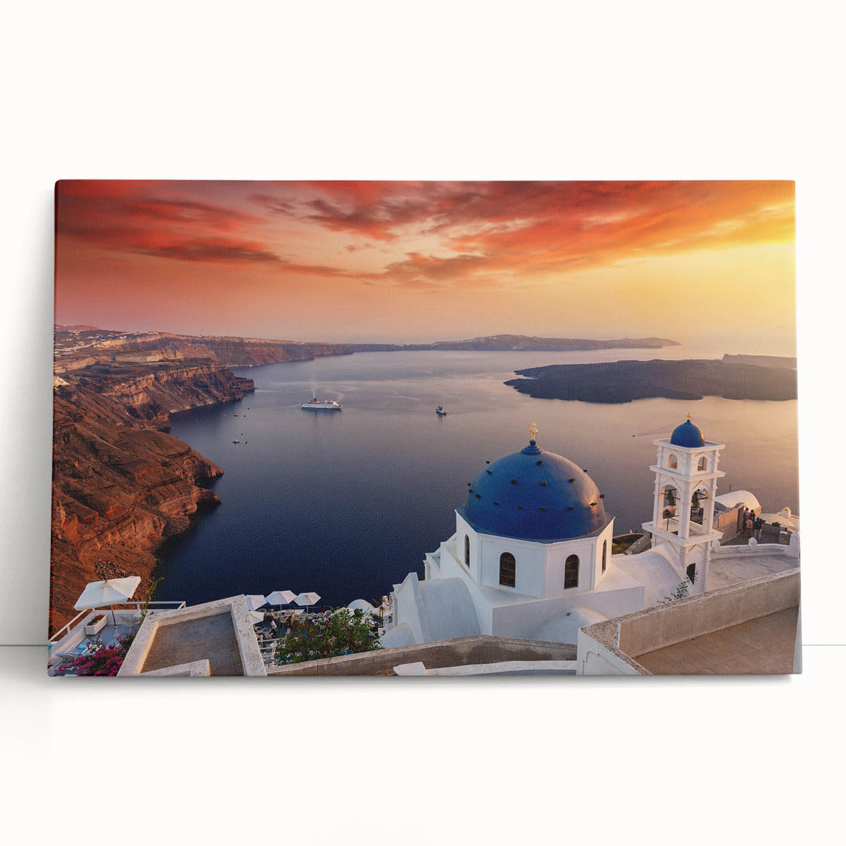 Black and white large art print of Santorini scenery on stretched canvas, ideal for kitchen wall art.
