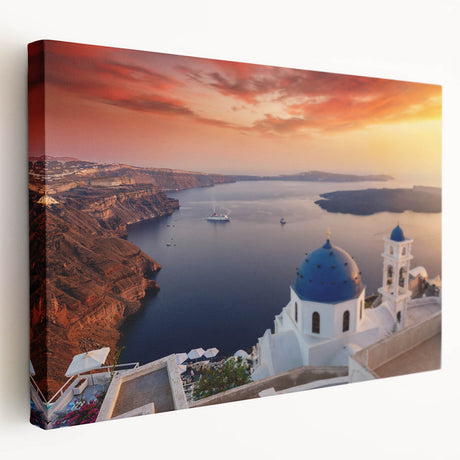 Large art depicting the Santorini landscape on stretched canvas, featuring bright blue and white tones.