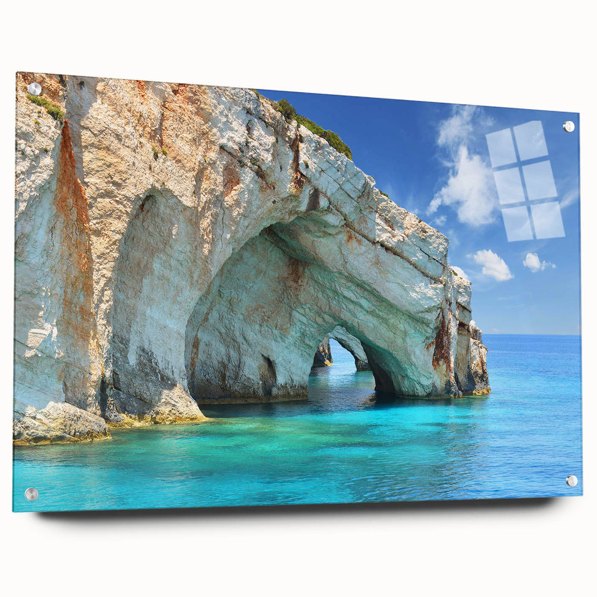 Acrylic print of a serene Greek landscape in muted blue and white tones, ideal for dining room decor.