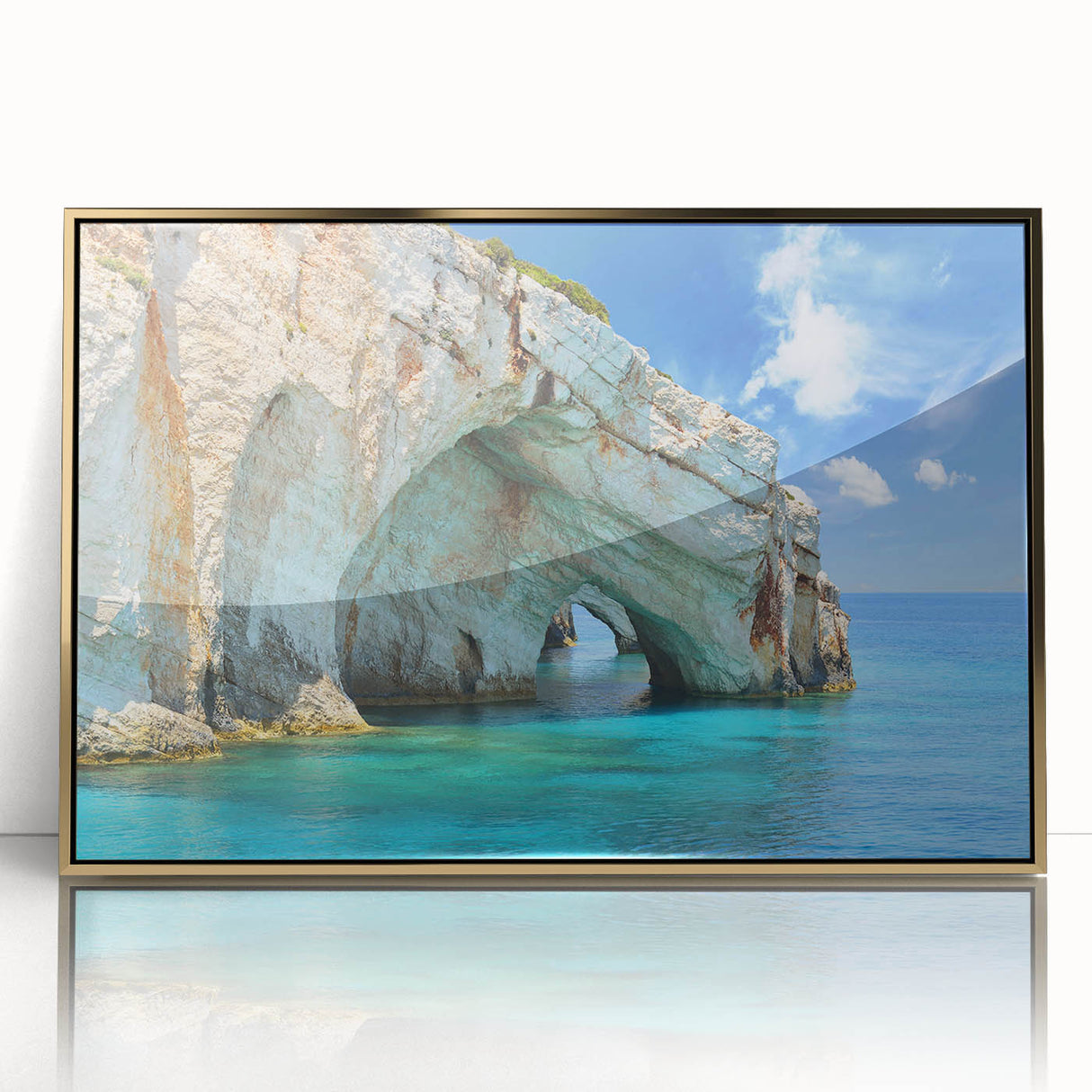 Acrylic print of a European Greece scenery in gold frame, featuring art deco style, ideal for modern art wall decor.