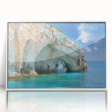 Mid-century modernist art depicting a Greek landscape, in muted earth tones on a framed acrylic.