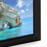 Extra large framed canvas depicting a textured, colorful Greek scenery in mainly black tones, suitable for living room decor.
