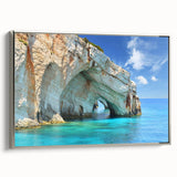 Framed canvas depicting a vintage-style landscape of a Greek scenery in colorful art tones, ideal for living room decor.