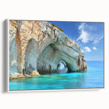 Vintage poster art of a scenic Greek landscape on a large framed canvas, featuring vibrant colors.