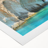 Art deco poster of a scenic European village in Greece, depicted in vibrant blues and whites on rolled canvas.