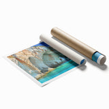 Rolled print of a Greek landscape featuring vibrant blue and white tones, ideal for classy bathroom wall art.