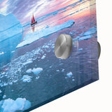 Large abstract wall art of a Greenlandic landscape on acrylic glass, in muted green and blue tones.