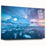 Large abstract wall art featuring a Greenlandic scenery in muted green and blue tones on acrylic glass.