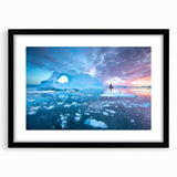 Extra large abstract art print of a Greenland landscape in vibrant green and blue tones on a textured canvas.