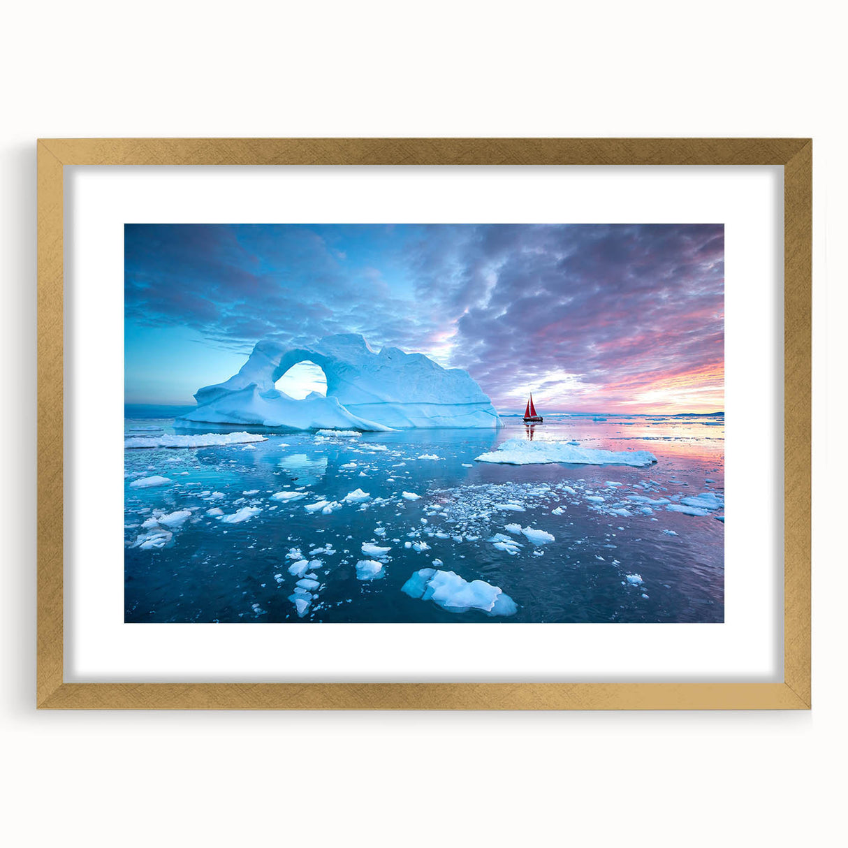 Abstract art print of a Greenland landscape in muted green and blue tones, framed in gold, suitable for dining room decor.