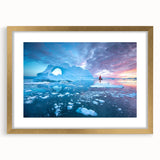 Abstract art print of a Greenland landscape in muted green and blue tones, framed in gold, suitable for dining room decor.