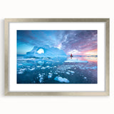 Extra large abstract art print featuring textured scenery of Greenland in muted green and blue tones, framed in silver.