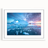 Textured art print of an abstract Greenland scenery in muted green and blue tones, framed with a white mat.