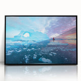 Large abstract wall art depicting a stylized Greenland scenery in muted green tones, framed in black acrylic.