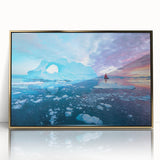 Art deco poster of a European Greenland scenery in muted green and gold tones, acrylic framed.