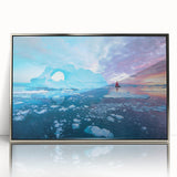 Large acrylic print of a Greenland landscape in muted green and blue tones, framed in silver.