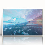 Mid-century modernist art depicting a serene Greenland landscape in muted green and blue tones, framed acrylic.