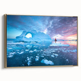 Framed canvas featuring a vintage-style landscape of Greenland with muted green and black tones.