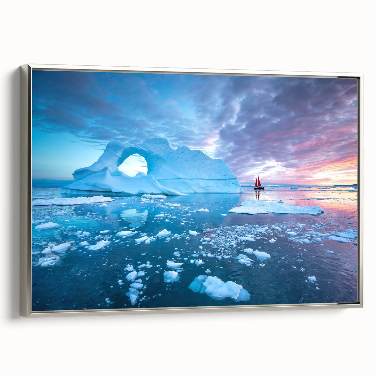 Landscape art painting of Greenland scenery on framed canvas, with muted green and blue tones, ideal for office decor.