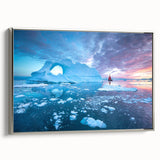 Landscape art painting of Greenland scenery on framed canvas, with muted green and blue tones, ideal for office decor.