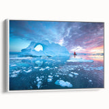 Vintage poster art of a Greenland scenery on framed canvas, featuring vibrant green and blue tones.