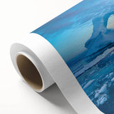 Art Deco style poster of a Greenland landscape on rolled canvas, featuring muted green and blue tones.