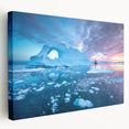 Large stretched canvas depicting a serene Greenland landscape in muted green and blue tones, suitable for kitchen wall art.