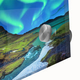 Large abstract wall art of a European Icelandic landscape in muted blue and green on acrylic glass.