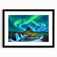 Colorful abstract art print of a textured Icelandic landscape in vibrant hues, framed in black, ideal for living room decor.