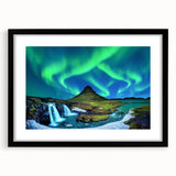 Colorful abstract art print of a textured Icelandic landscape in vibrant hues, framed in black, ideal for living room decor.