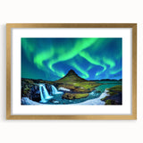 Abstract art print of a European landscape in muted green and blue tones, framed in gold, ideal for dining room decor.