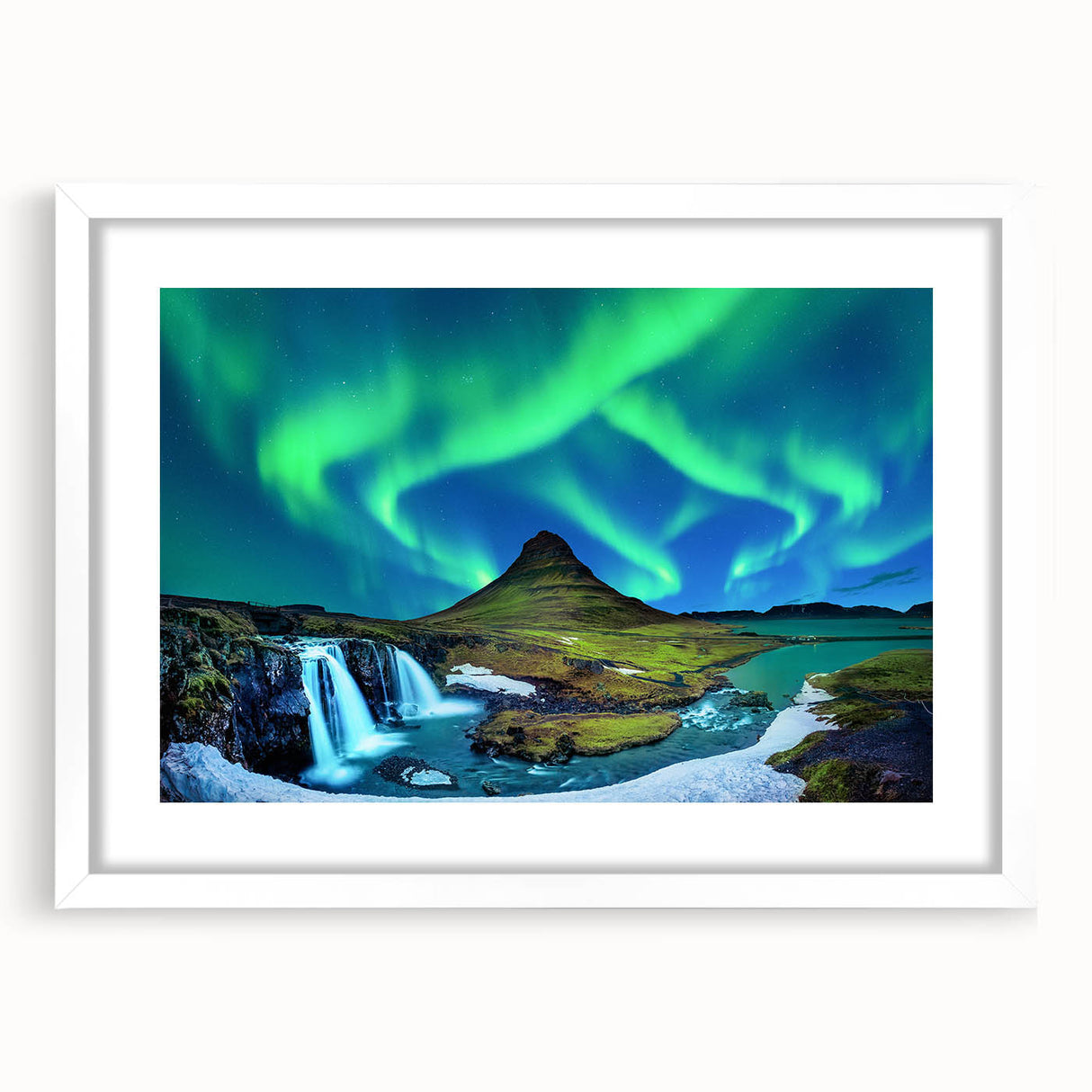 Textured art print depicting an abstract Icelandic landscape in cool blue and gray tones, framed with a white mat.
