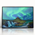 Large abstract wall art depicting a serene Icelandic landscape in muted gray and blue tones, framed in black acrylic.