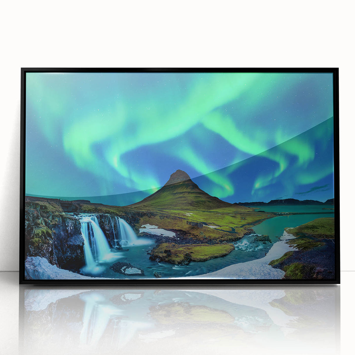 Large abstract wall art depicting a serene Icelandic landscape in muted gray and blue tones, framed in black acrylic.