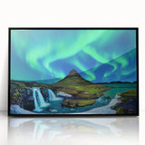 Large abstract wall art depicting a serene Icelandic landscape in muted gray and blue tones, framed in black acrylic.