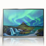 Large art print of a serene Icelandic landscape in muted earth tones, framed in silver acrylic.