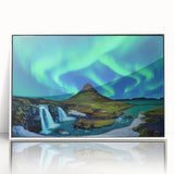 Mid-century modernist art depicting a serene Icelandic landscape in muted gray and blue tones on a framed acrylic print.