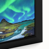 Close-up of a black wall art canvas depicting a textured Iceland scenery in vibrant colors, ideal for living room decor.