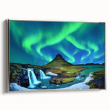 Landscape art painting of an Icelandic scenery on a framed canvas, featuring muted earth tones, ideal for living room decor.