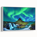 Vintage poster art of a colorful Icelandic landscape on a large framed canvas, ideal for living room decor.